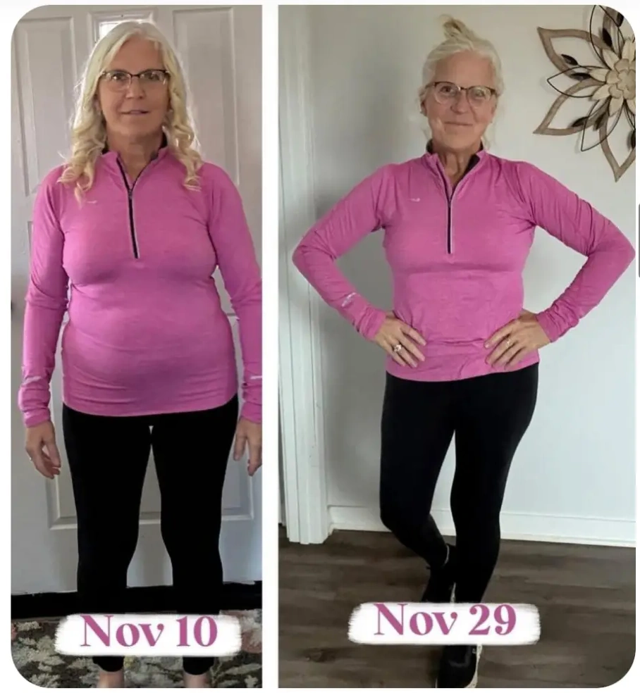 Jan Nov 10 to Nov 29 side-by-side progress photo in magenta zip pullover showing visible waistline transformation