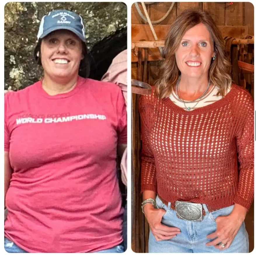 Amy P. glowing transformation in rodeo championship shirt and western attire