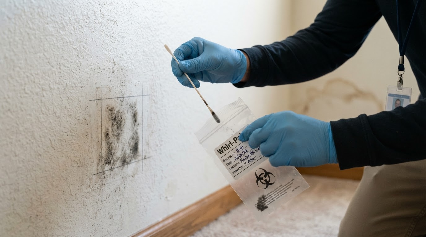 An inspector collecting a surface swab sample from a marked spot on a wall and sealing it into a labeled sample bag for laboratory mold testing