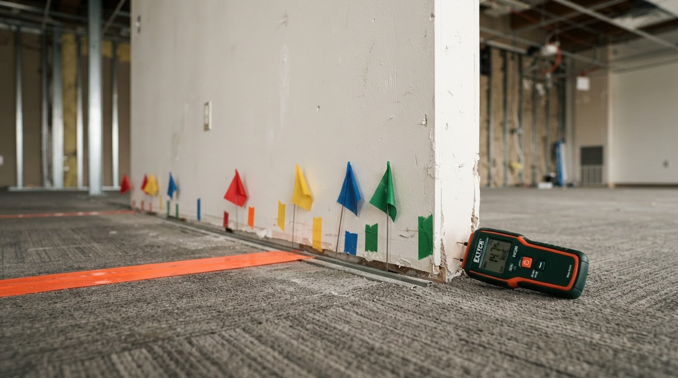 Physical alert markers and measurements placed along the base of an interior wall before any demolition begins during a pre-remediation mold inspection
