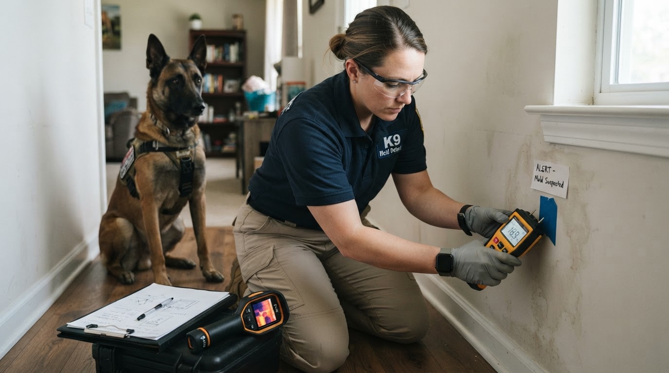 A K9 handler taking a moisture meter reading on drywall at a marked canine alert location during a mold inspection