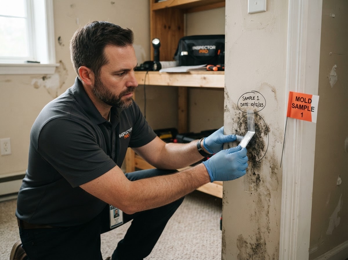 A mold inspector in nitrile gloves pressing a sterile tape lift slide against a marked spot on an interior drywall wall to collect a surface sample