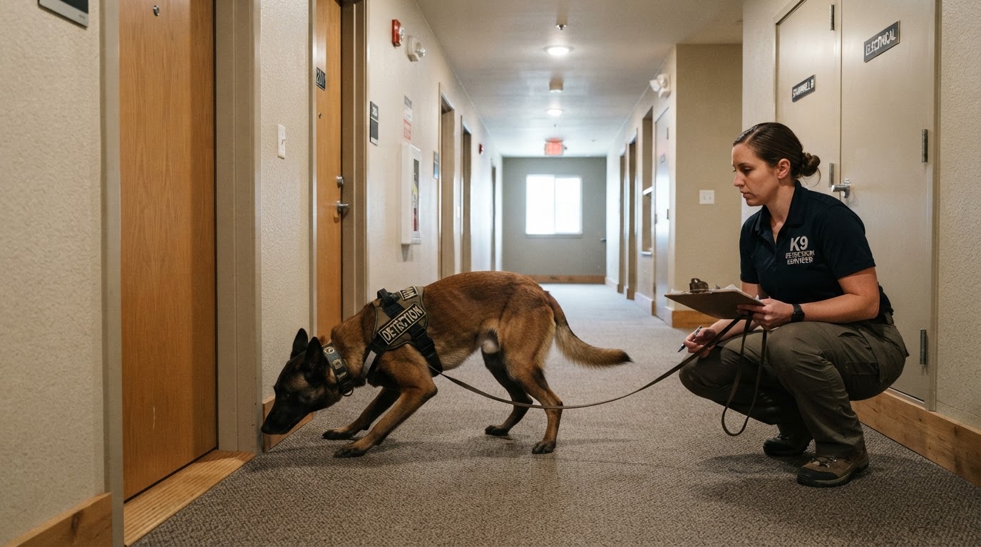 A detection dog working a baseboard in a multi-unit apartment hallway with a handler nearby holding a clipboard during a commercial mold inspection