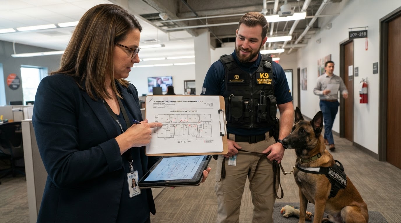 A property manager reviewing a printed mold inspection report with a K9 handler on site at a commercial building, clipboard and floor plan showing mapped alert locations