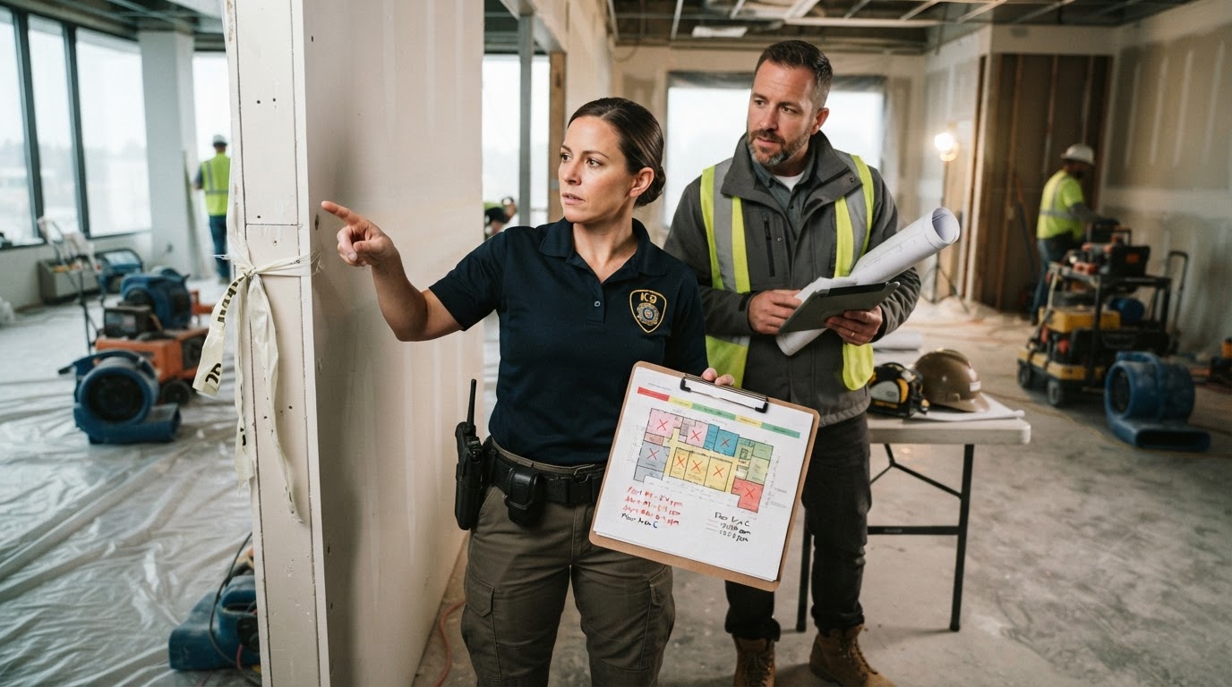 A K9 handler reviewing a printed inspection report with mapped alert locations with a remediation contractor on site at a commercial building