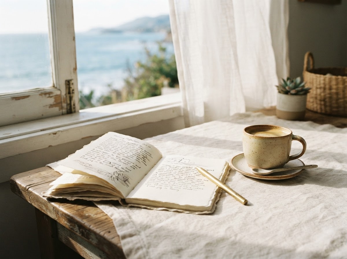 Warm morning light with a textured journal, pen, and coffee
