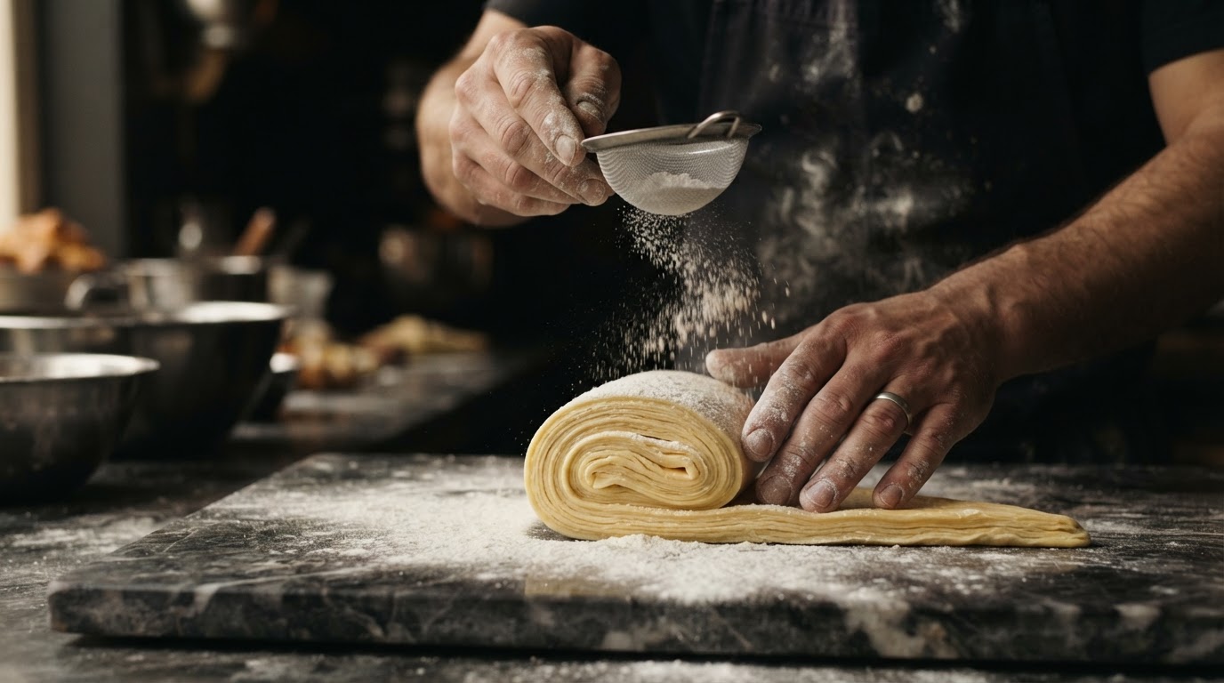 A pastry chef's hands working laminated dough