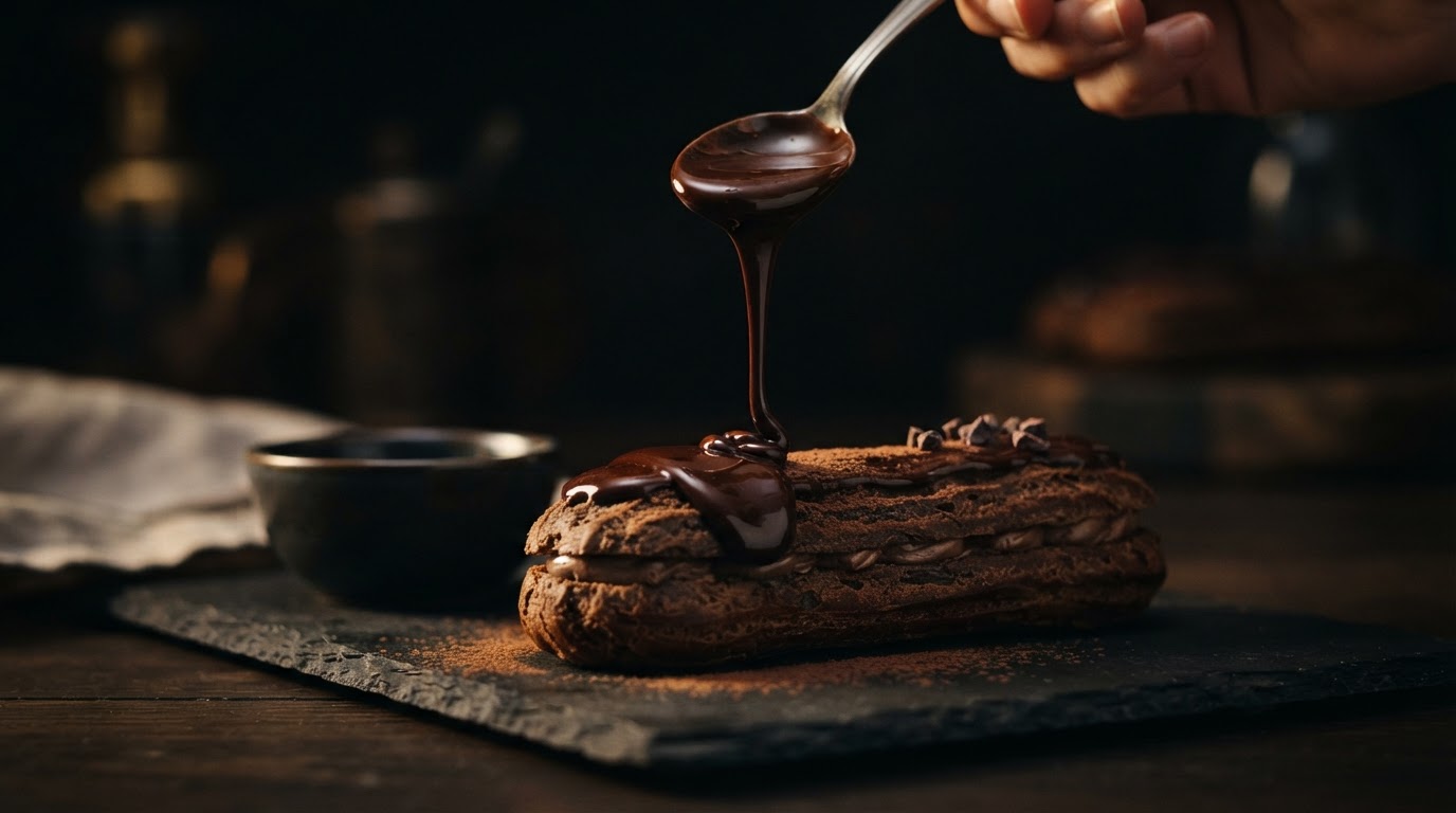 Chocolate poured over a pastry