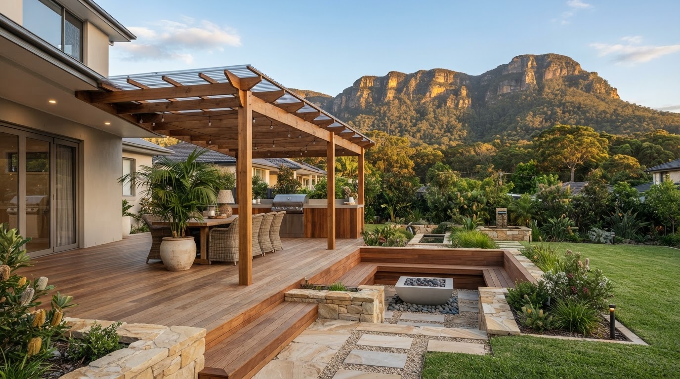 Completed outdoor living space combining deck, pergola and landscaping