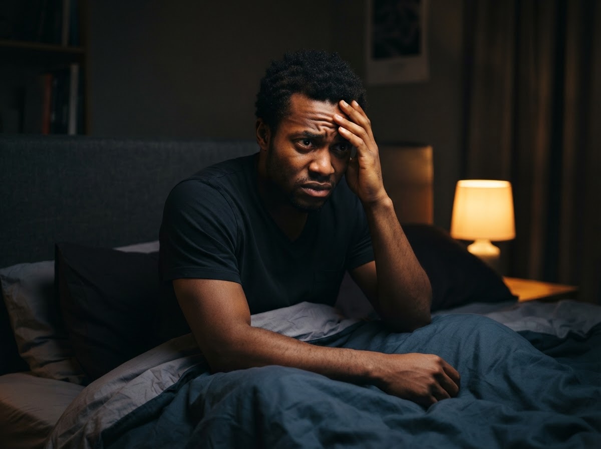 A young Black man sitting up in bed at night with a hand pressed to his forehead and overwhelmed eyes, conveying mental overwhelm and racing thoughts before sleep.