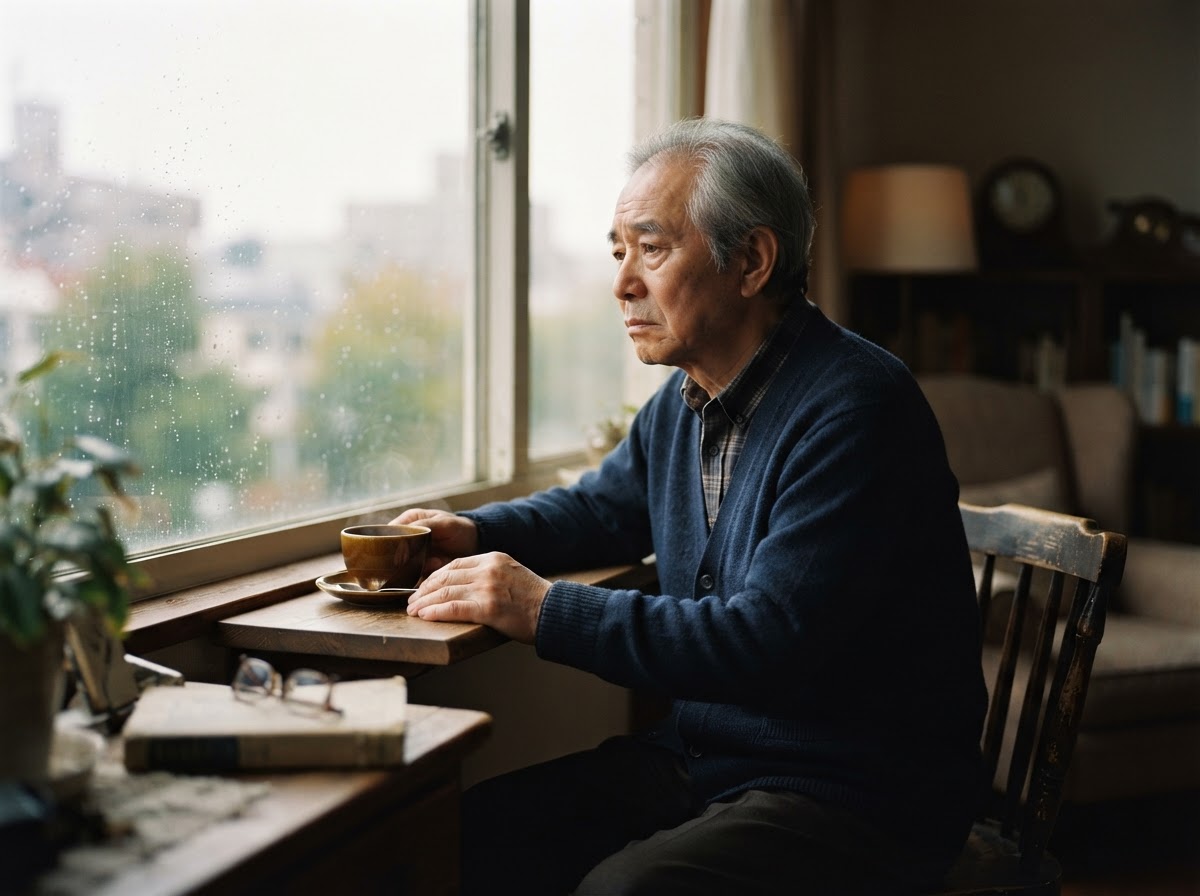 An elderly East Asian man with gray hair sitting alone by a window with a wistful longing expression and an untouched cup of tea, conveying loneliness and isolation.