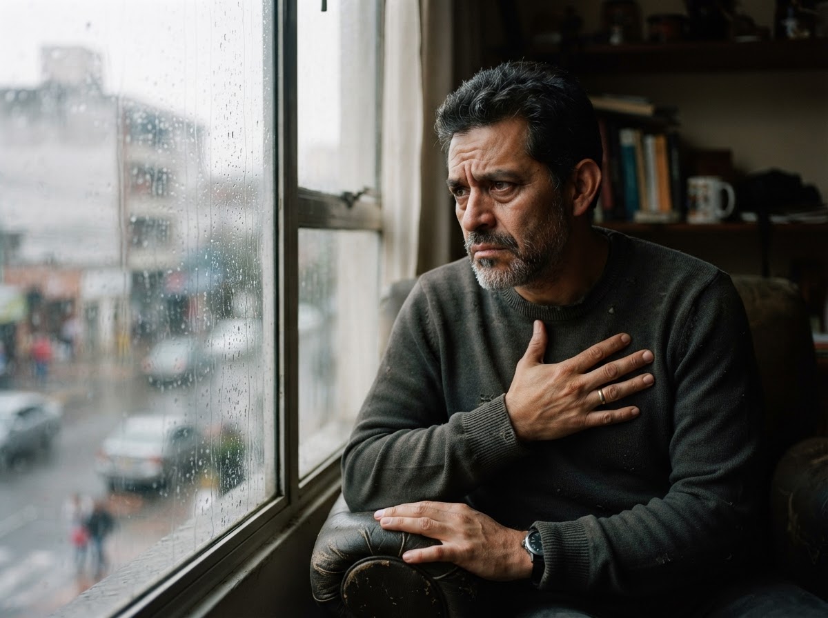A middle-aged Latino man sitting alone by a rain-streaked window with a worried furrowed brow and hand on his chest, conveying anxiety and unease about the world.