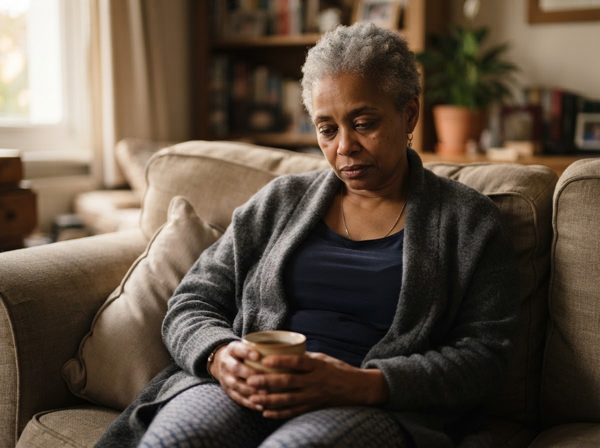 A middle-aged Black woman with silver hair looking visibly exhausted and depleted, sitting slumped on a couch with an untouched cup of tea, conveying deep tiredness and low energy.