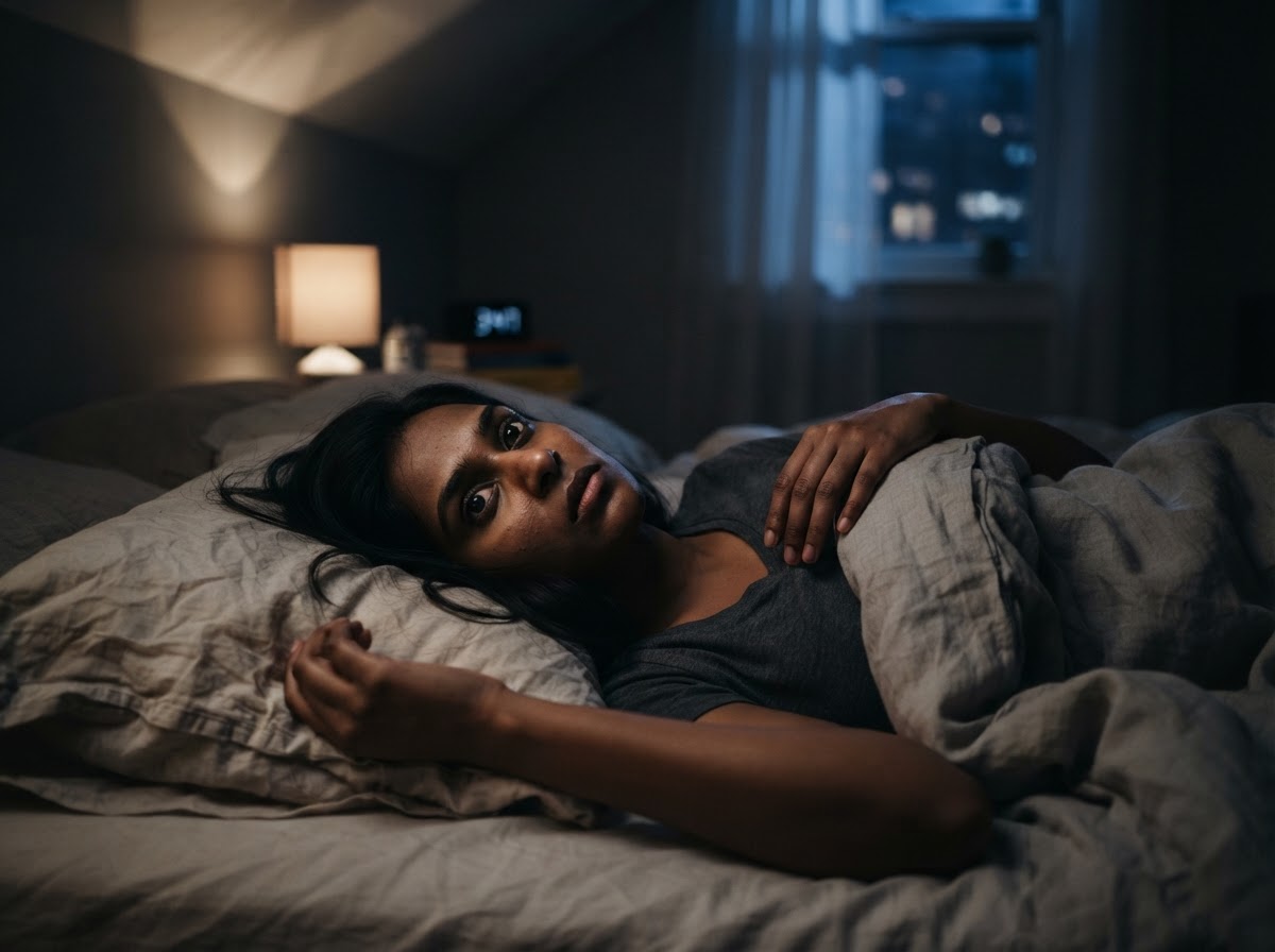 A young South Asian woman lying awake in bed at night staring at the ceiling, restless and unable to sleep, conveying sleeplessness and unease.