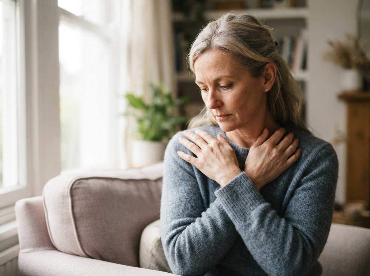 A middle-aged white woman looking thoughtfully at her own hands and shoulder near a bright window with a quiet uncertain expression, conveying adjustment to physical body changes.