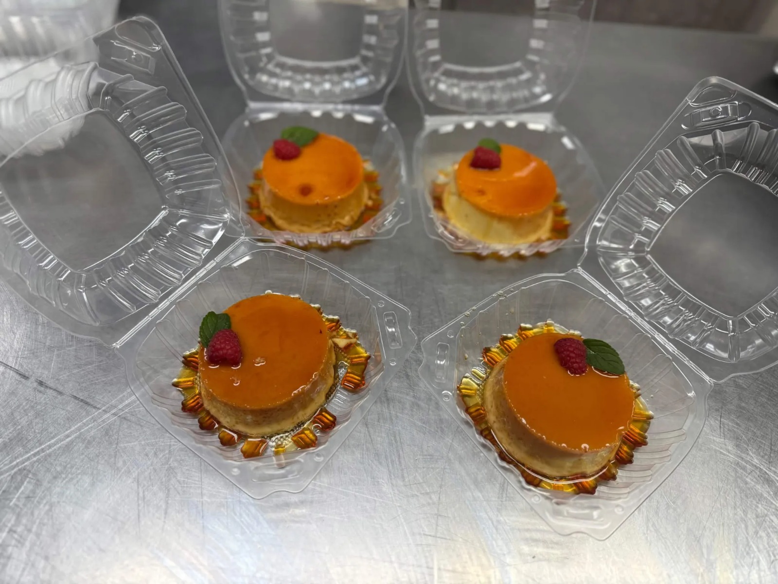 Individual Event-Ready Caramel Flans with Raspberries & Mint