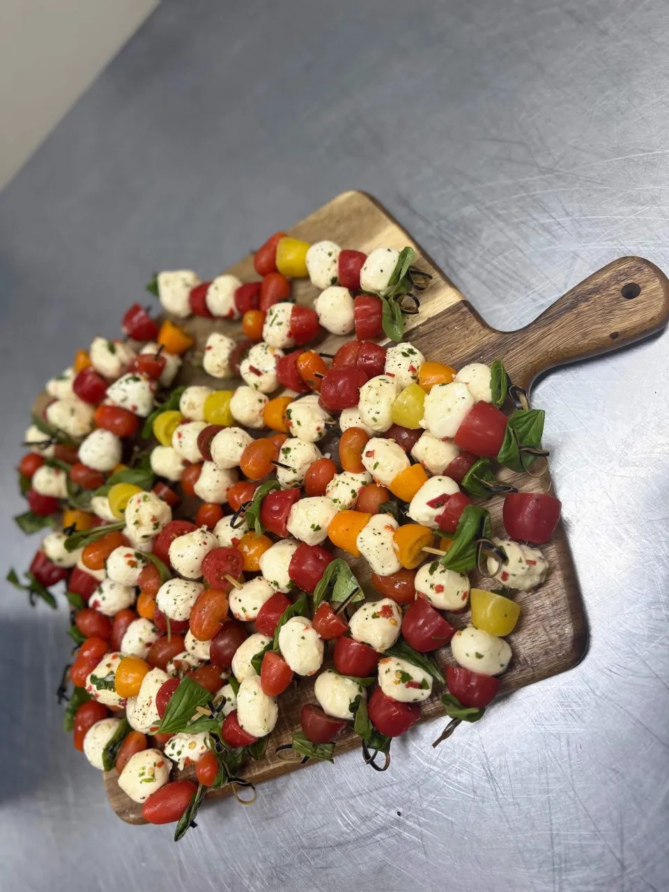 Fresh Caprese Skewers with Fresh Mozzarella Pearls, Heirloom Tomatoes & Basil