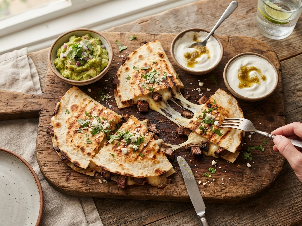 Gourmet Steak Quesadillas with Melted Cheese, Guacamole & Crema