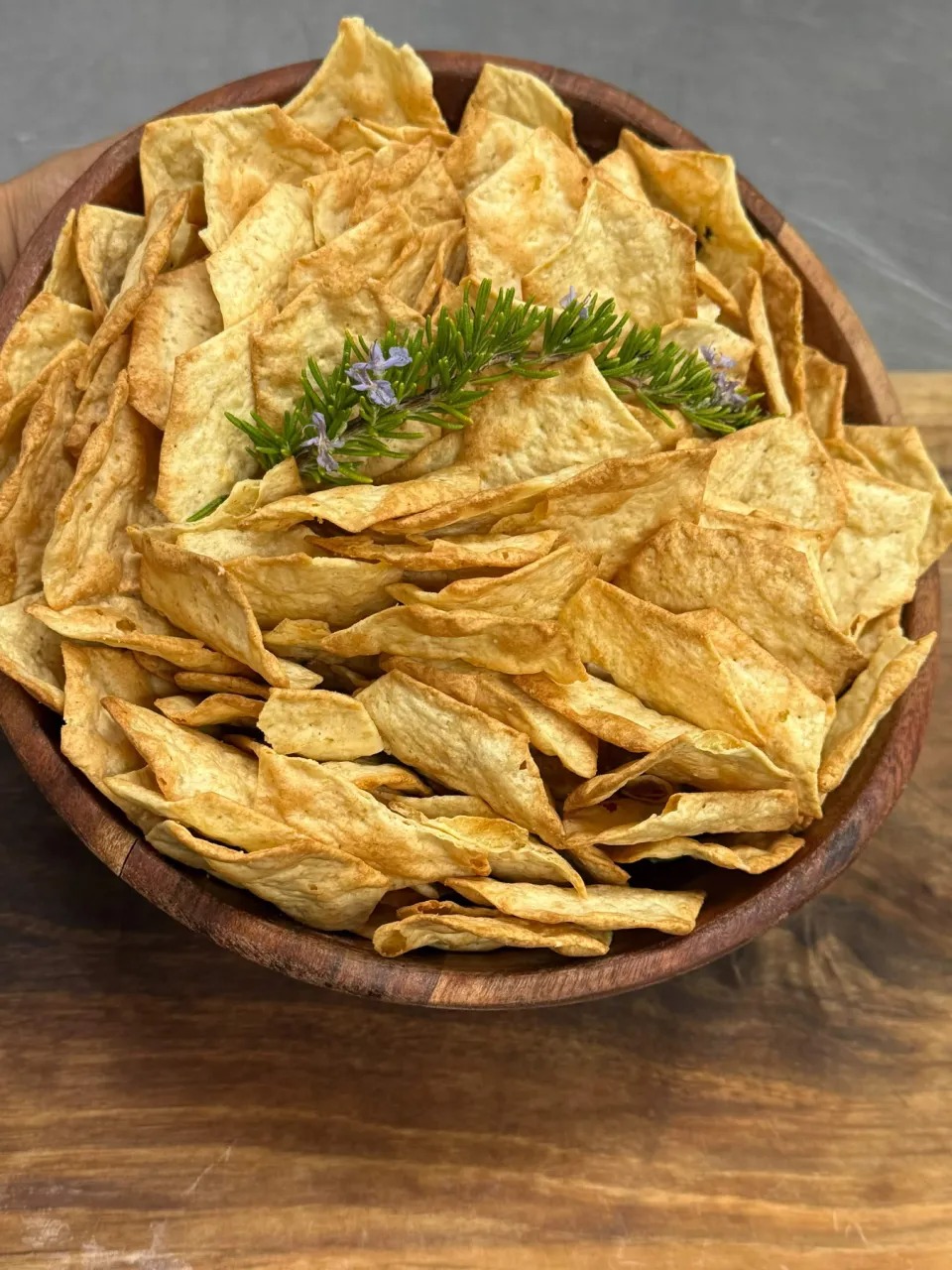 Fresh Baked Golden Crisp Totopos Garnished with Fresh Rosemary