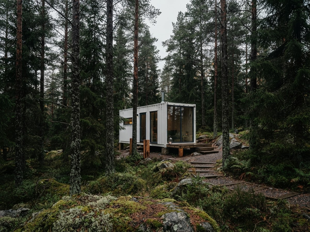 Containerstuga i mörk skandinavisk skog