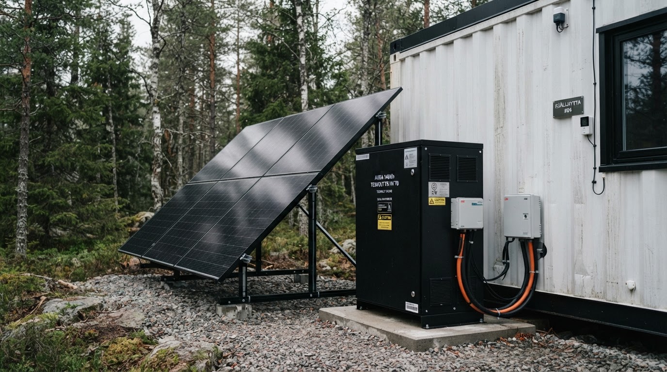 Solpaneler och batterilagring vid containerlösning i skog