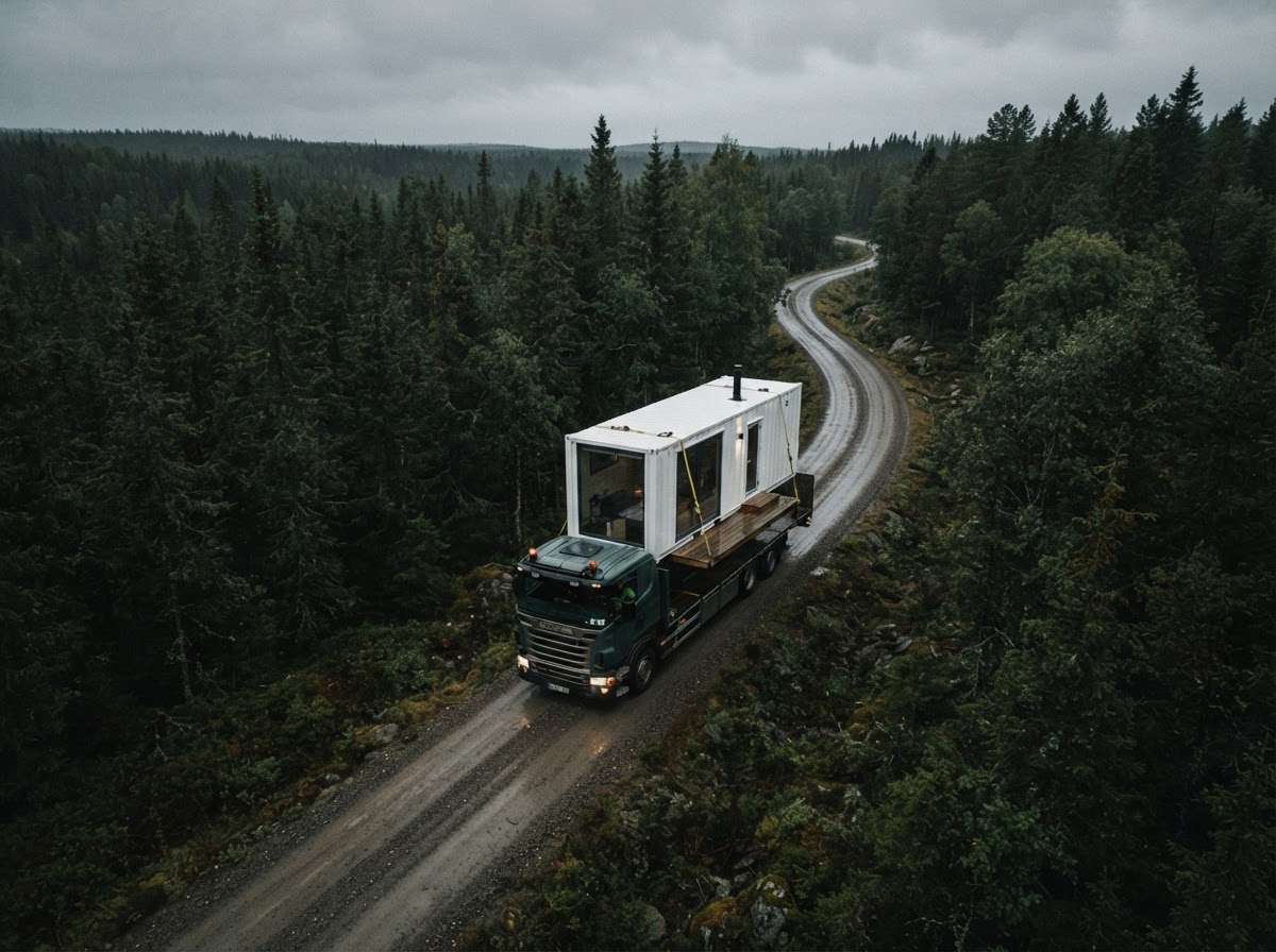 Leverans av containerlösning på skogsväg