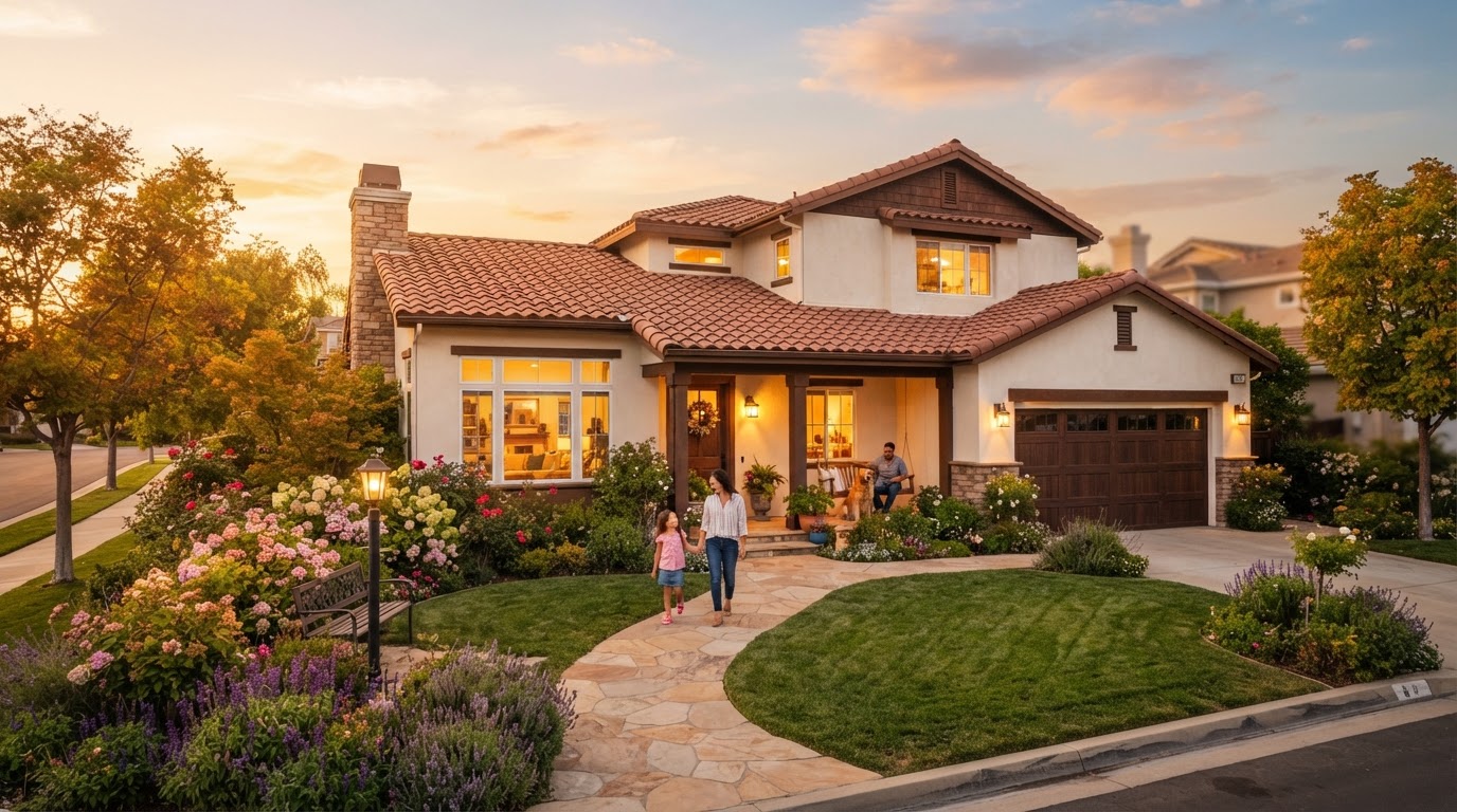 Warm cozy family home at golden hour