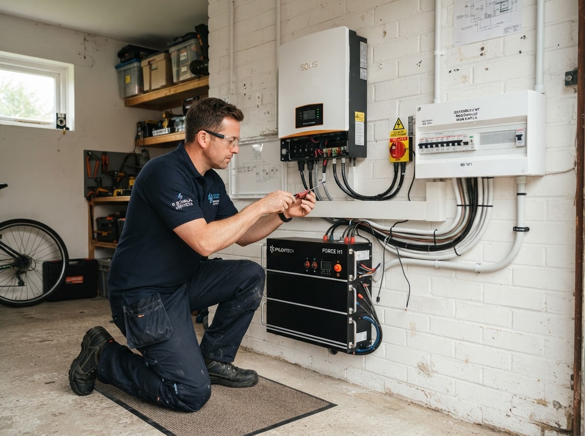 Qualified electrician installing a solar inverter and battery storage unit on a wall beside a consumer unit in a Derby home