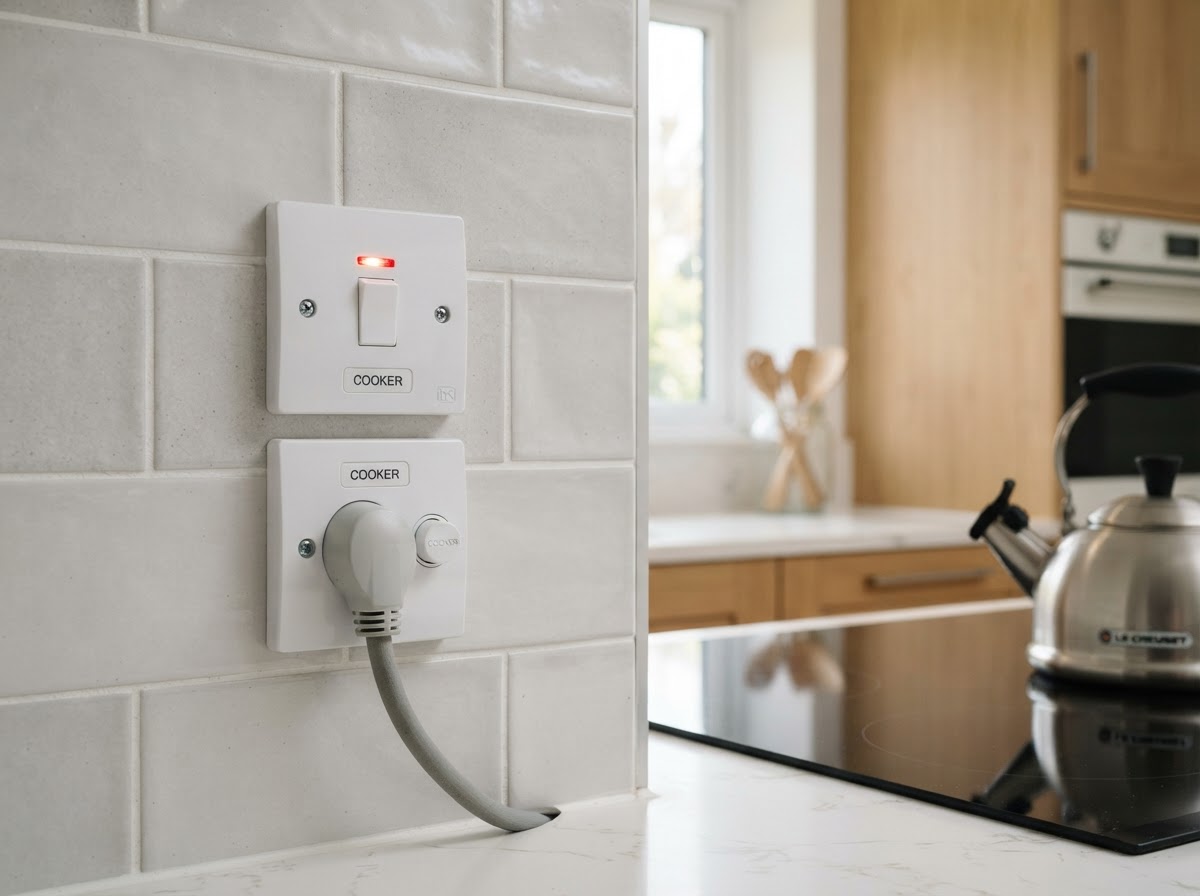 Qualified electrician installing a modern electric cooker and dedicated cooker switch with neon indicator in a contemporary Derby kitchen