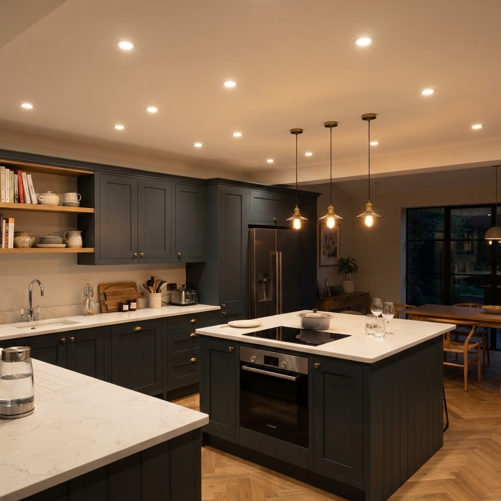 Modern recessed LED downlights installed in the ceiling of a Derby kitchen