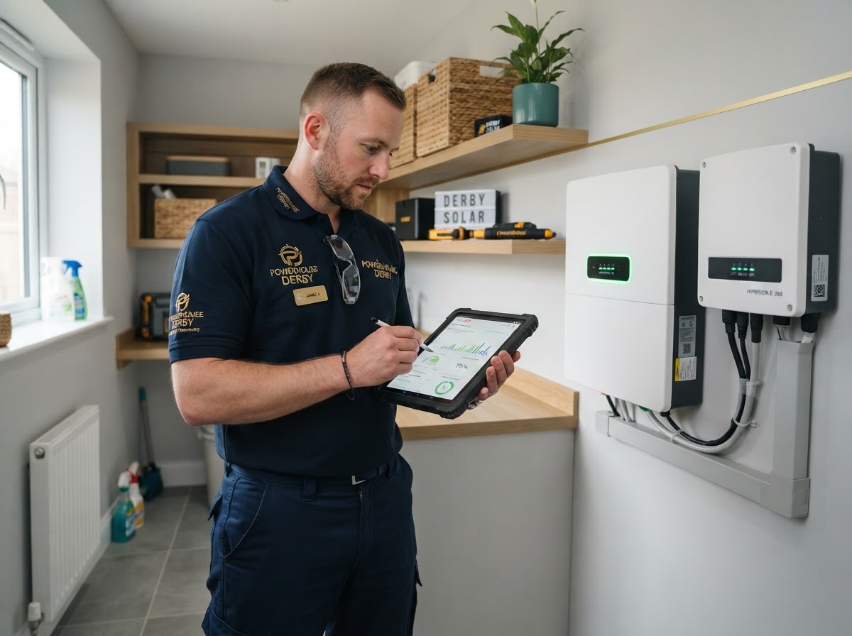 Qualified electrician installing a wall-mounted solar battery storage unit and inverter beside a consumer unit in a Derby home