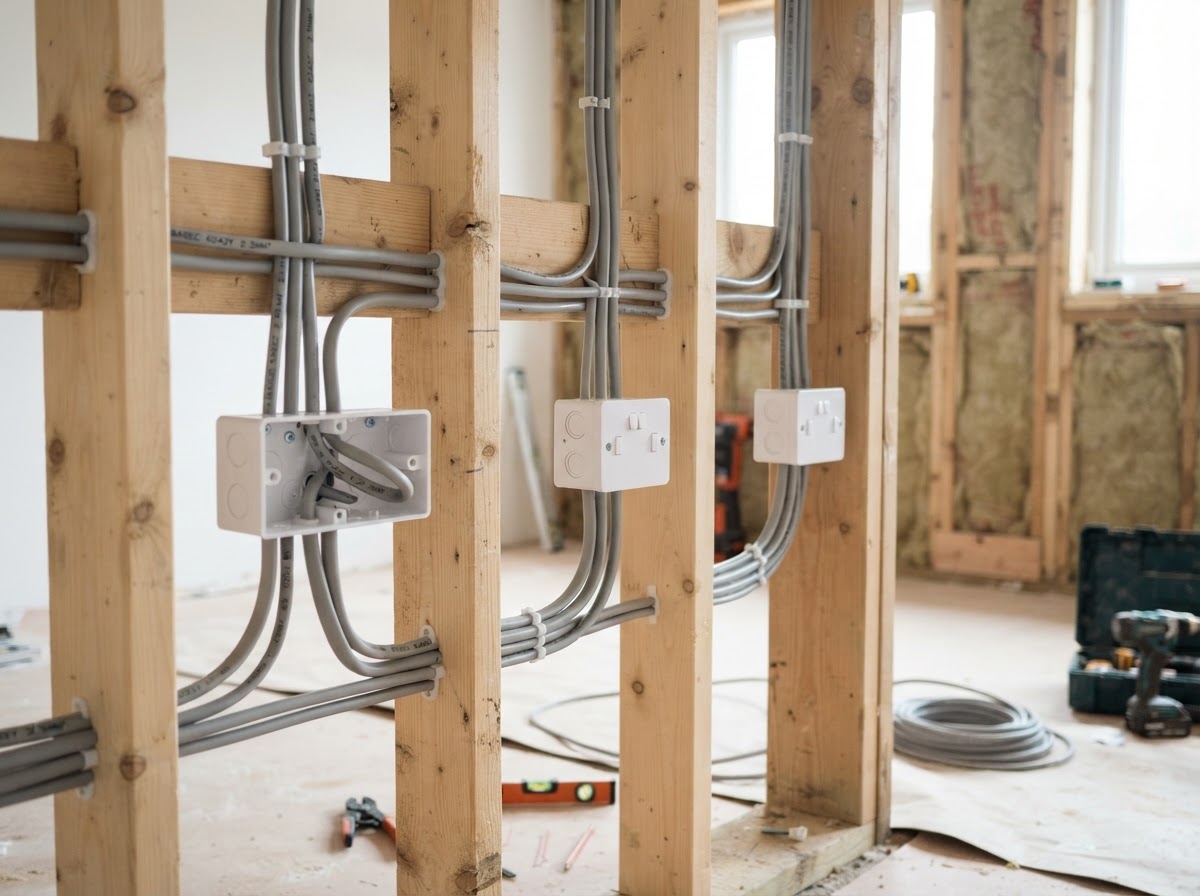 Qualified electrician routing new white electrical cabling along exposed timber wall studs during a home rewire in Derby