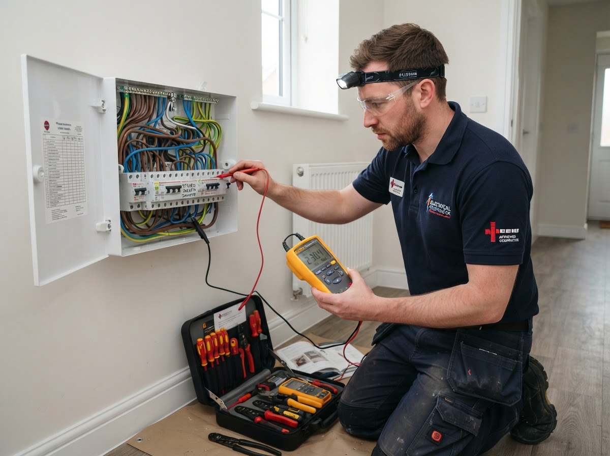 Qualified emergency electrician carrying out fault diagnosis on consumer unit