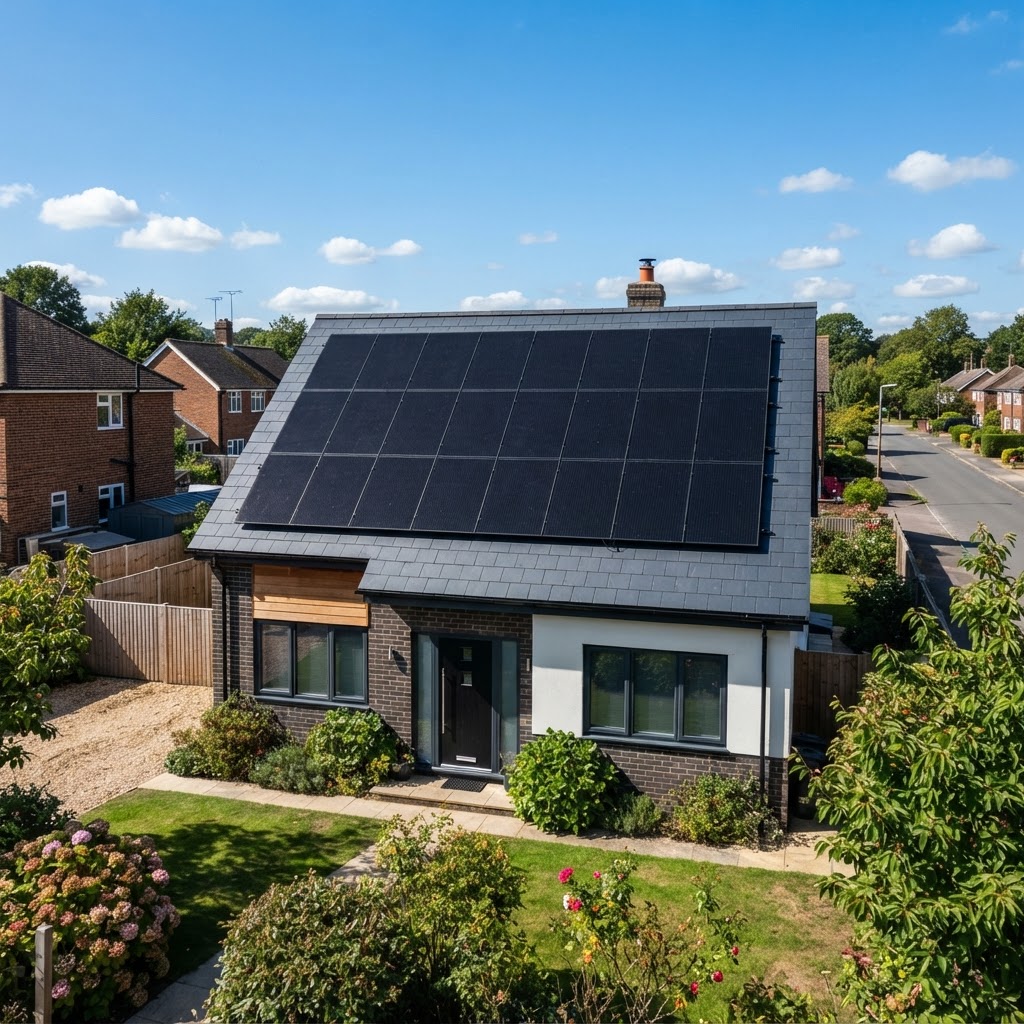 Black solar panels installed in neat rows on the roof of a Derby home