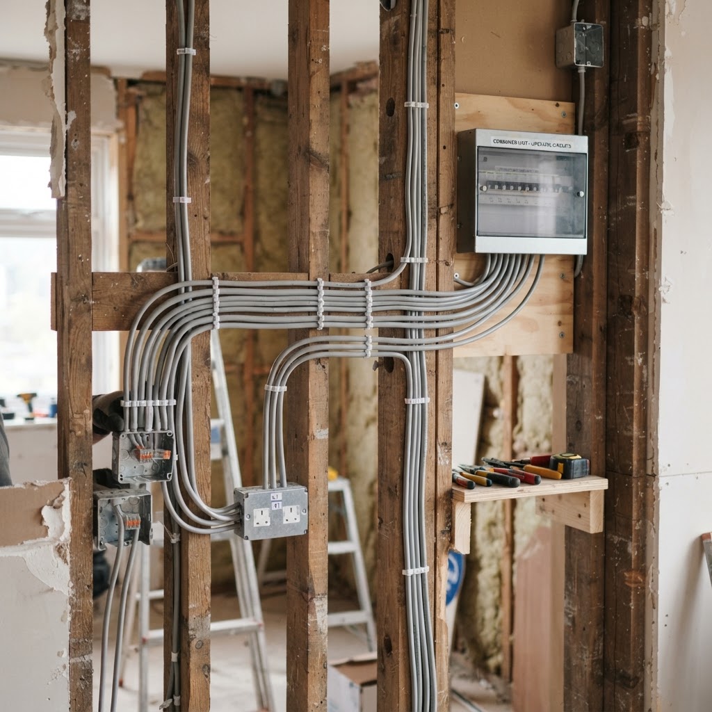 Neatly clipped electrical wiring routed along timber studs during a Derby home rewire