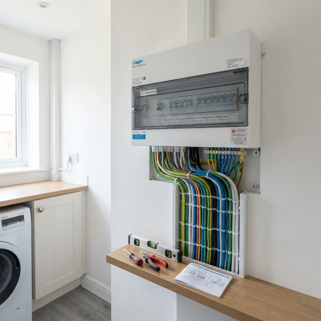 Newly installed modern white consumer unit with neat cable management in a Derby home