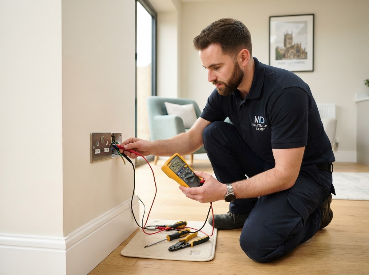 Qualified electrician using a digital multifunction installation tester to diagnose an electrical fault at a consumer unit in a Derby home