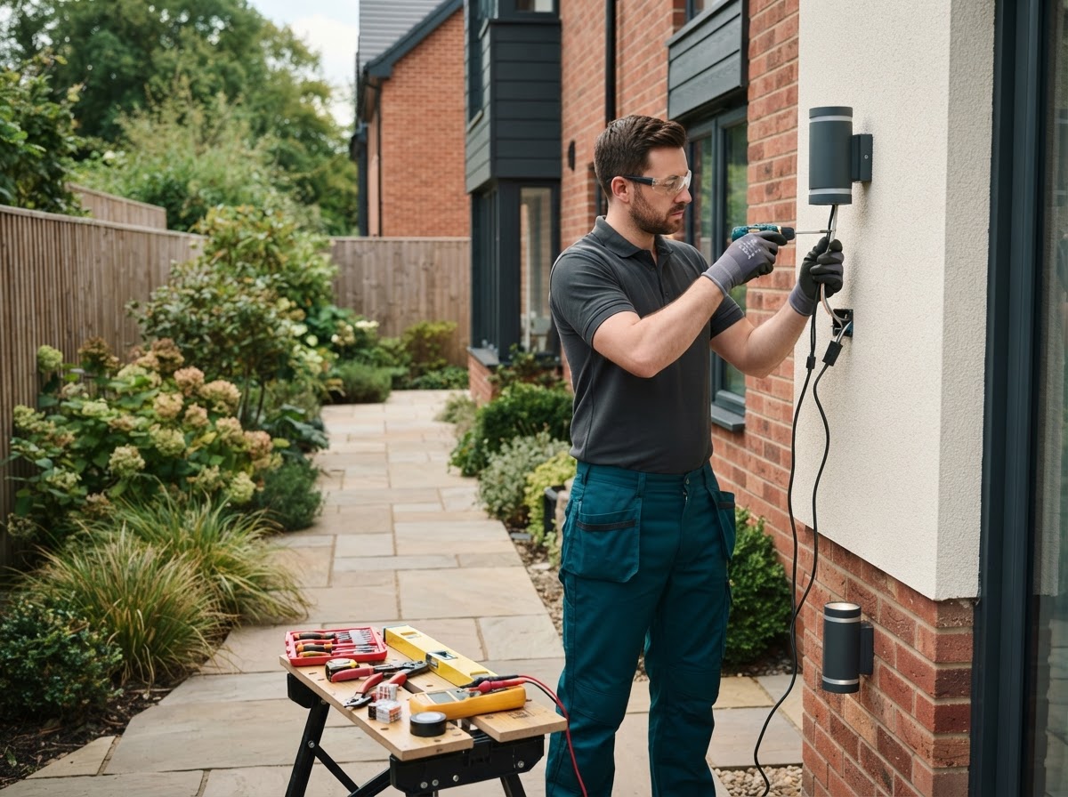 Qualified electrician installing weatherproof IP-rated outdoor LED lighting on the exterior wall and garden pathway of a contemporary Derby home