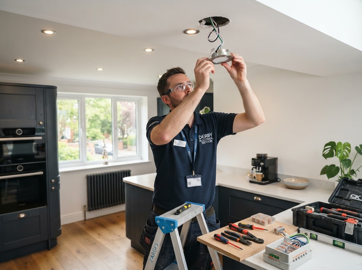 Qualified electrician installing modern LED downlights and architectural lighting in a contemporary Derby home interior