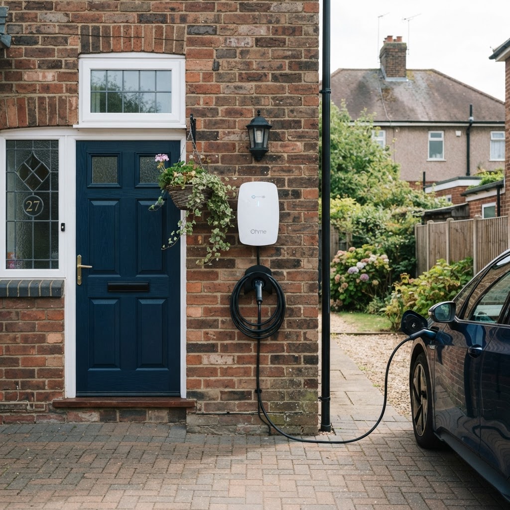 Modern white electric vehicle home charger mounted on the exterior wall of a Derby property