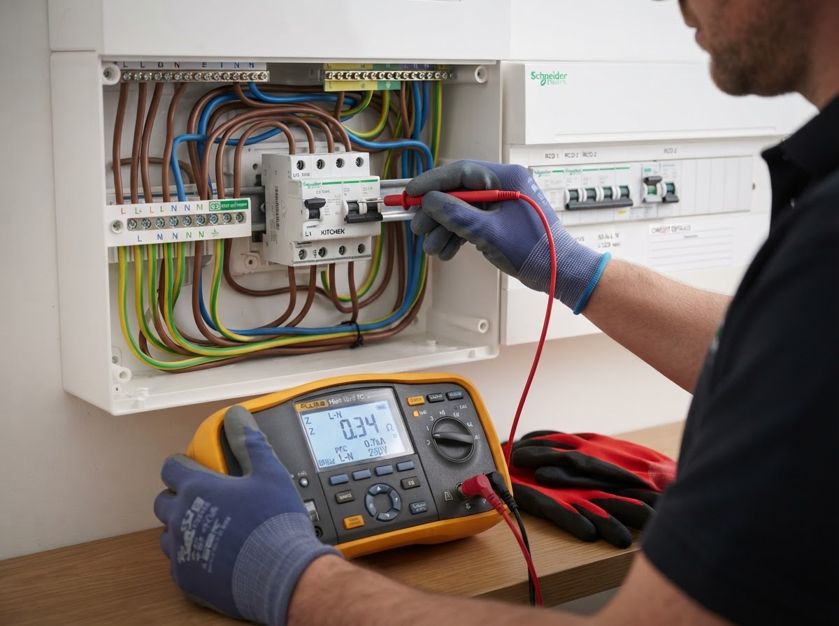 NICEIC approved electrician testing a consumer unit with a multifunction installation tester for an EICR report