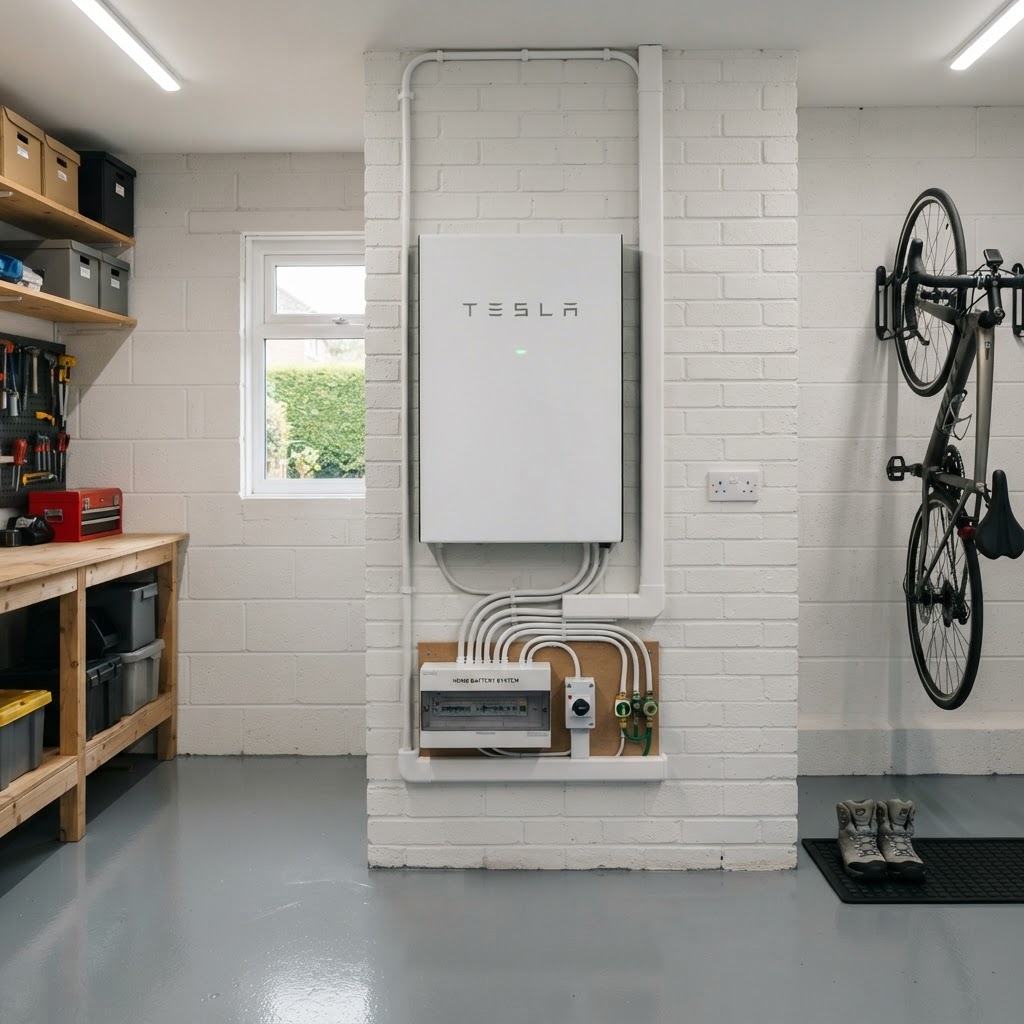 Sleek home battery storage unit mounted neatly on a Derby garage wall