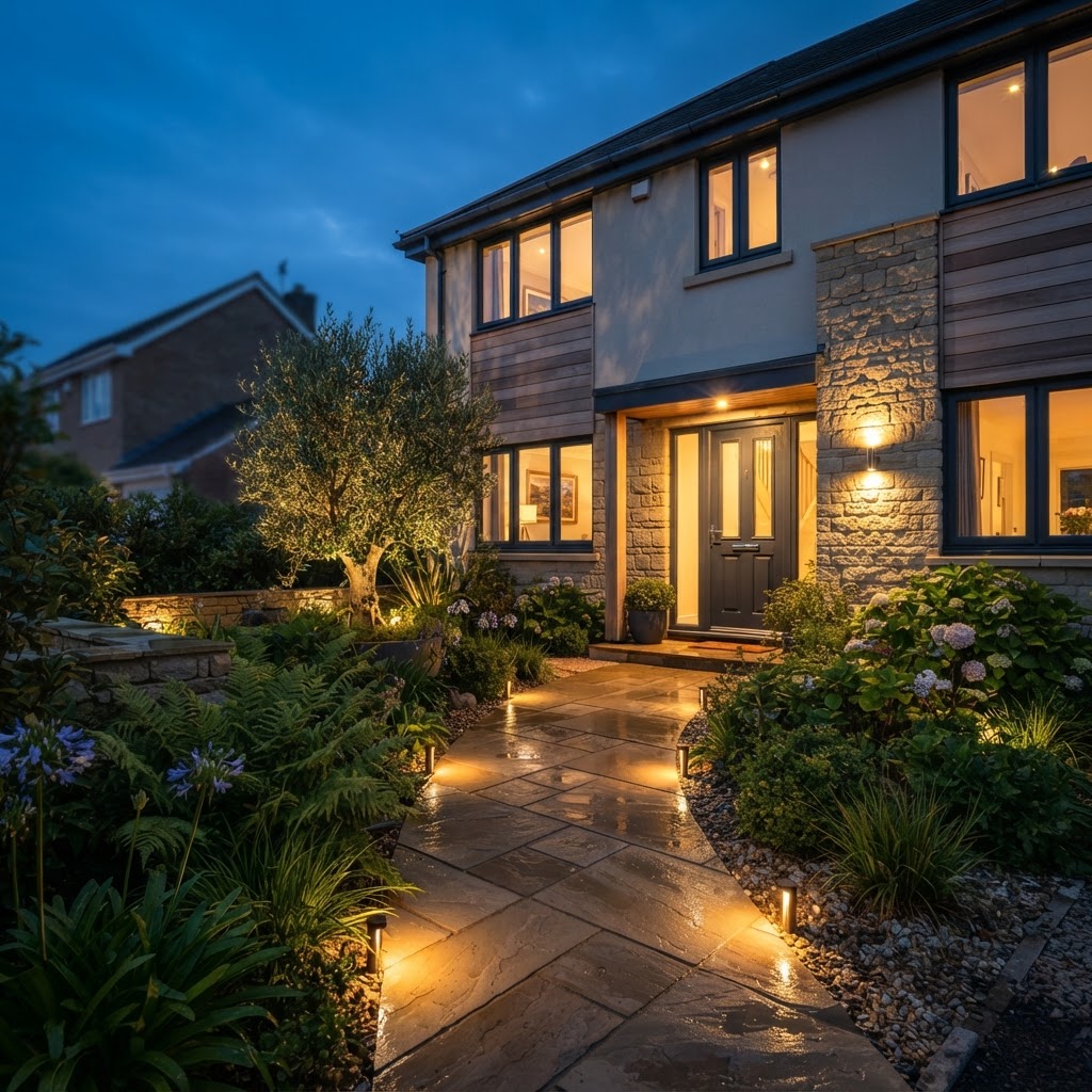 Modern outdoor garden lighting illuminating the front of a Derby home at dusk