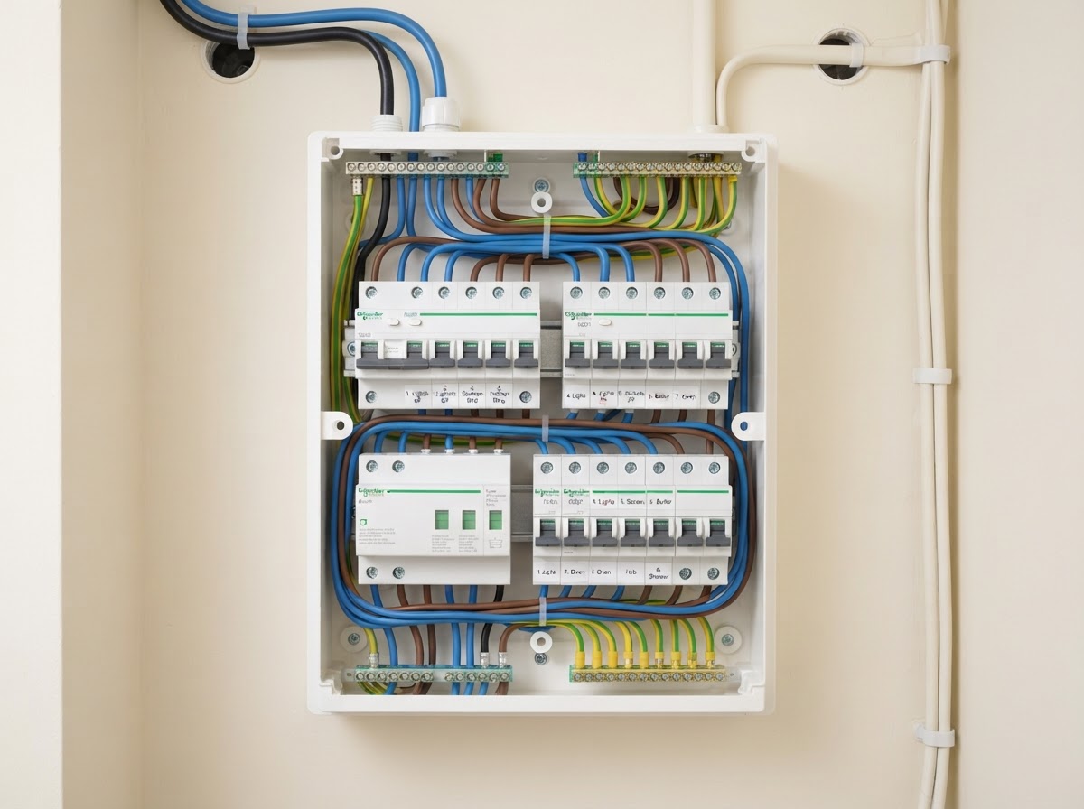 Qualified electrician installing a modern white consumer unit with RCBO breakers and surge protection in a Derby home
