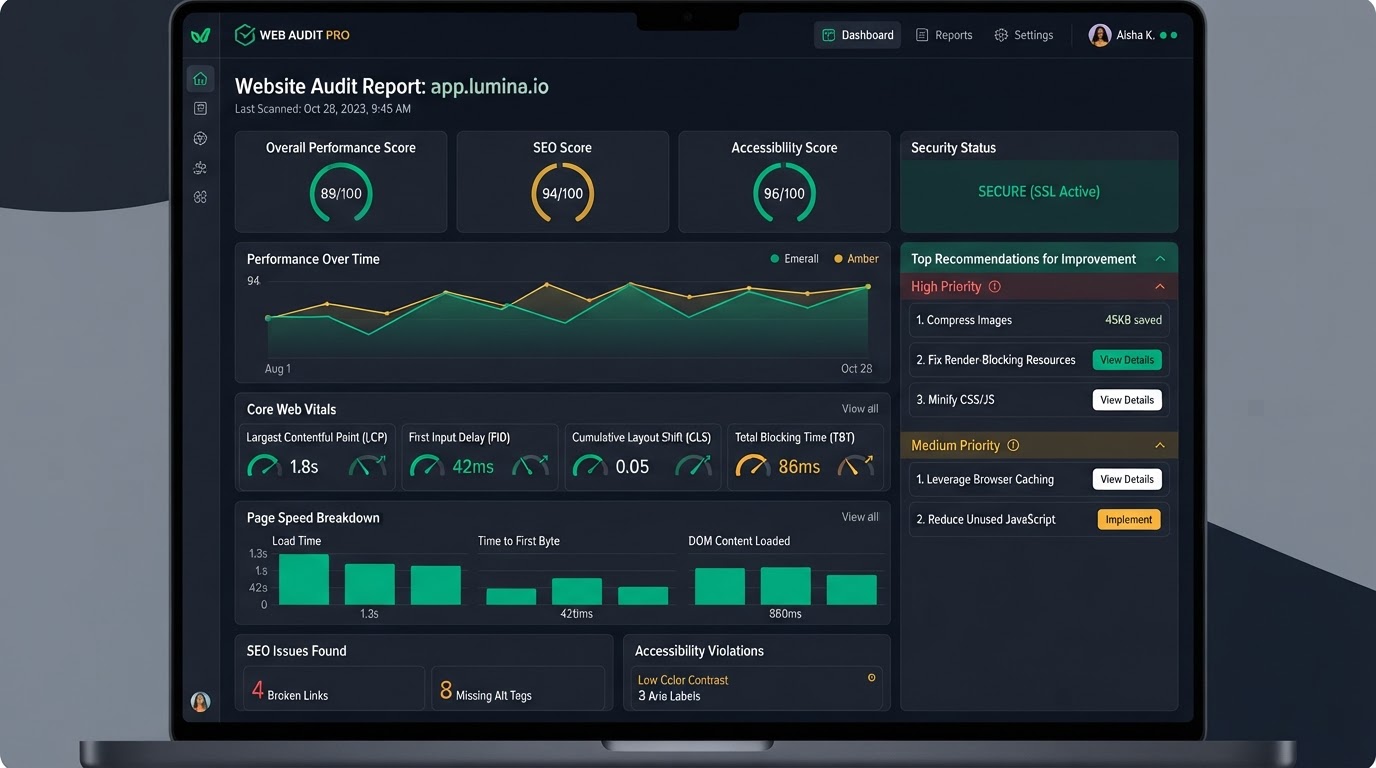 Full website audit report dashboard with performance scores and recommendations