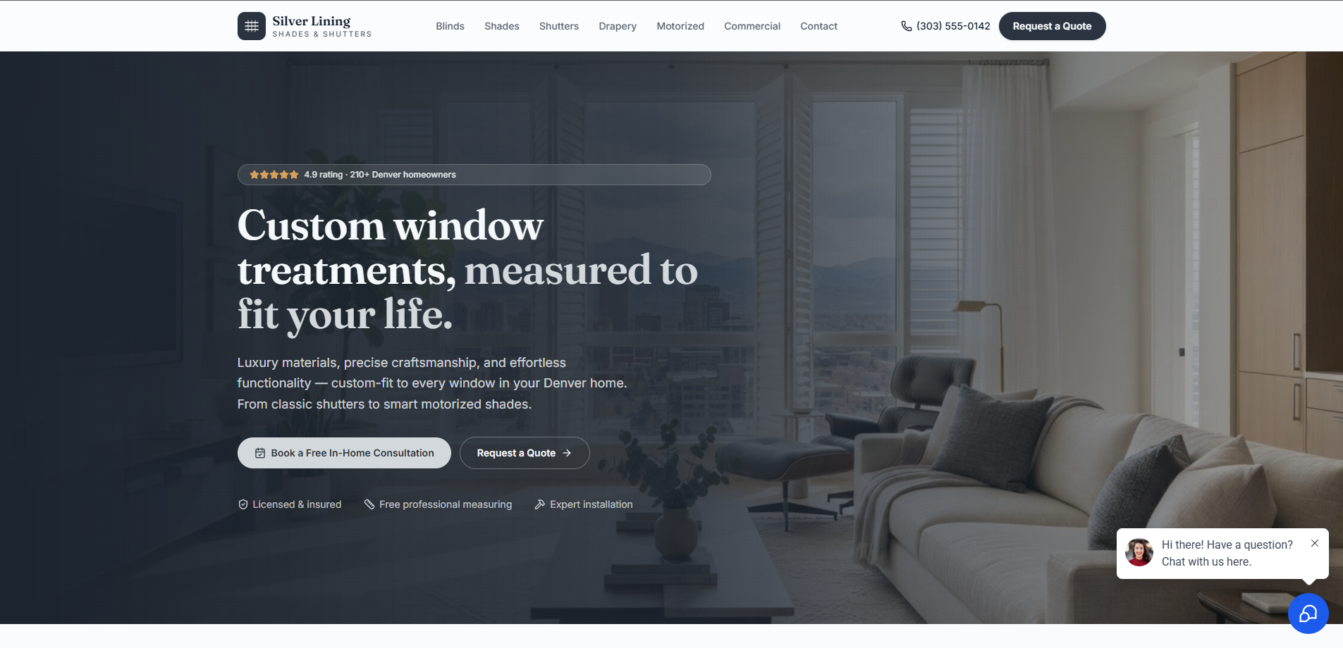 Silver Lining Shades & Shutters custom website design by LemAid featuring luxury living room showcase, consultation booking, and live chat widget