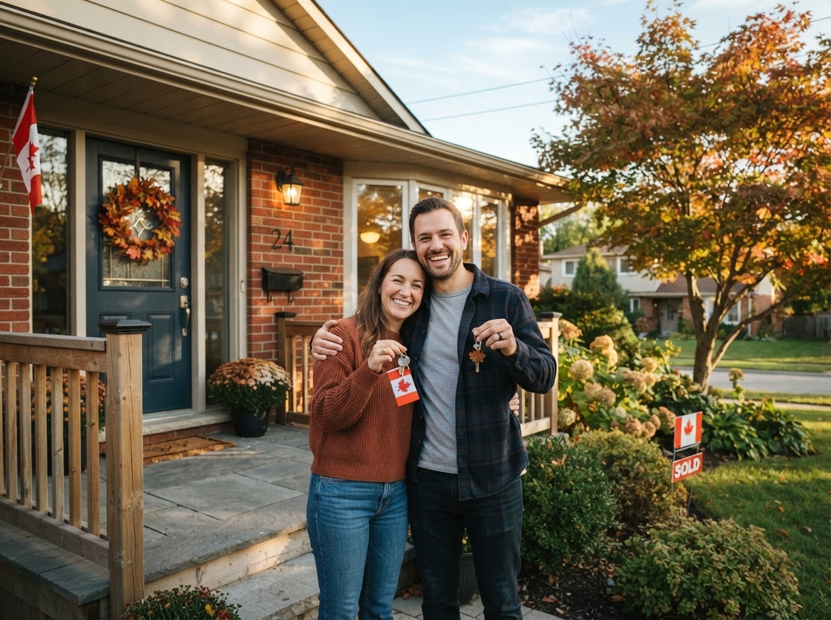 Happy Canadian homeowner couple in front of their home