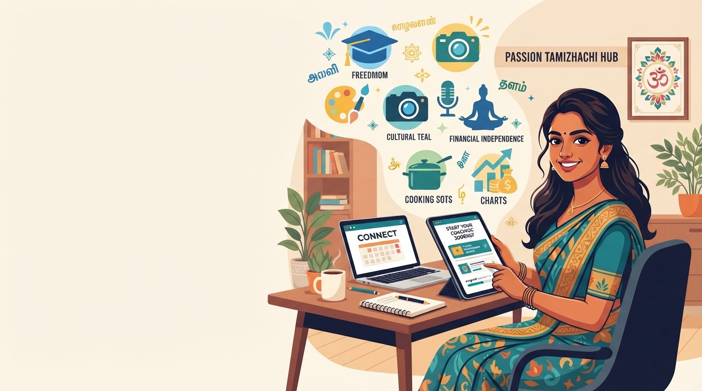A confident Tamil woman entrepreneur turning her skills into a coaching business from home