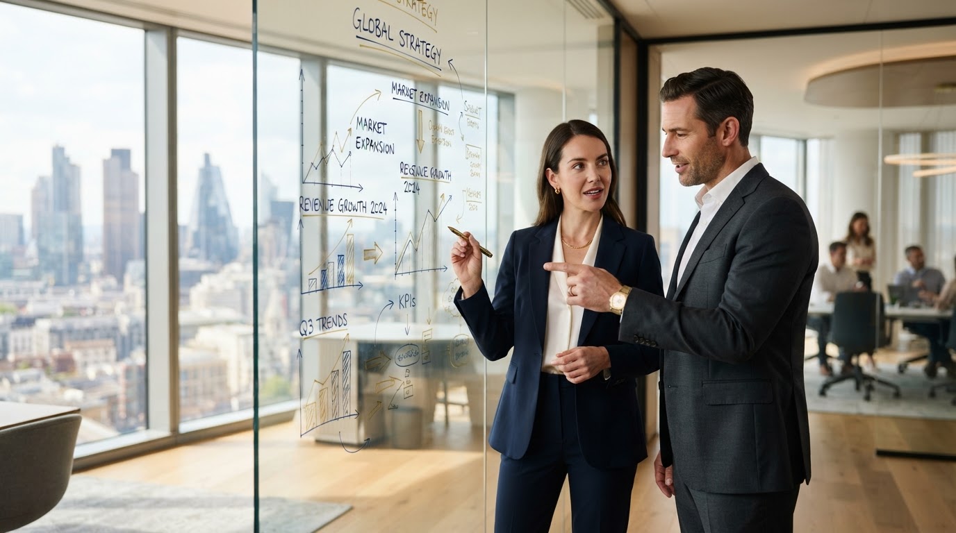 Consultants reviewing strategy on a glass board