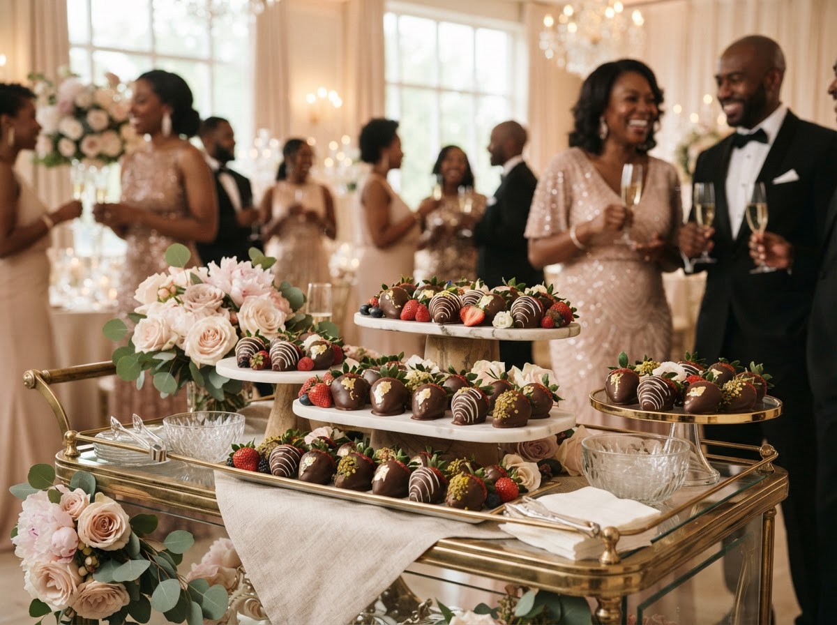 Soft Berries — Strawberry chocolate cart — fresh berries dipped in glossy chocolate.
